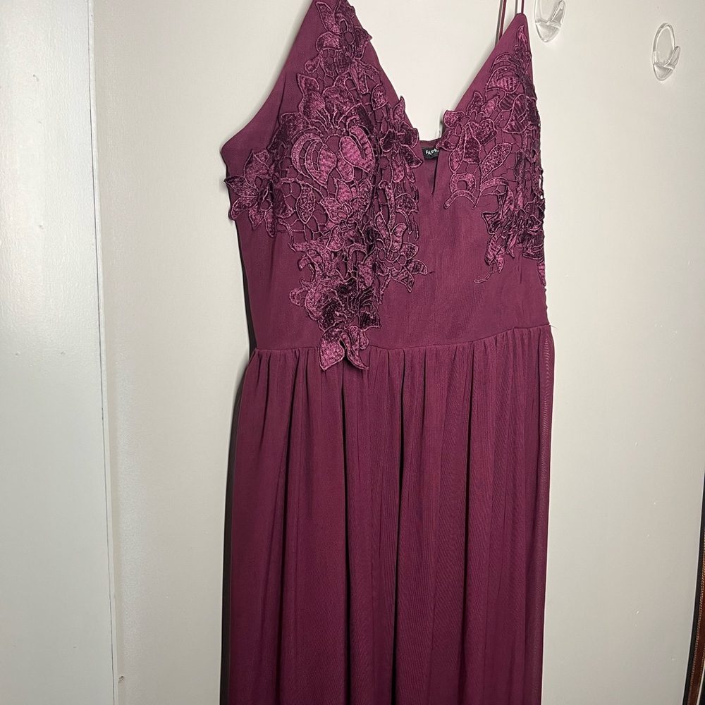 Burgundy, spaghetti straps, under dress, side slit.